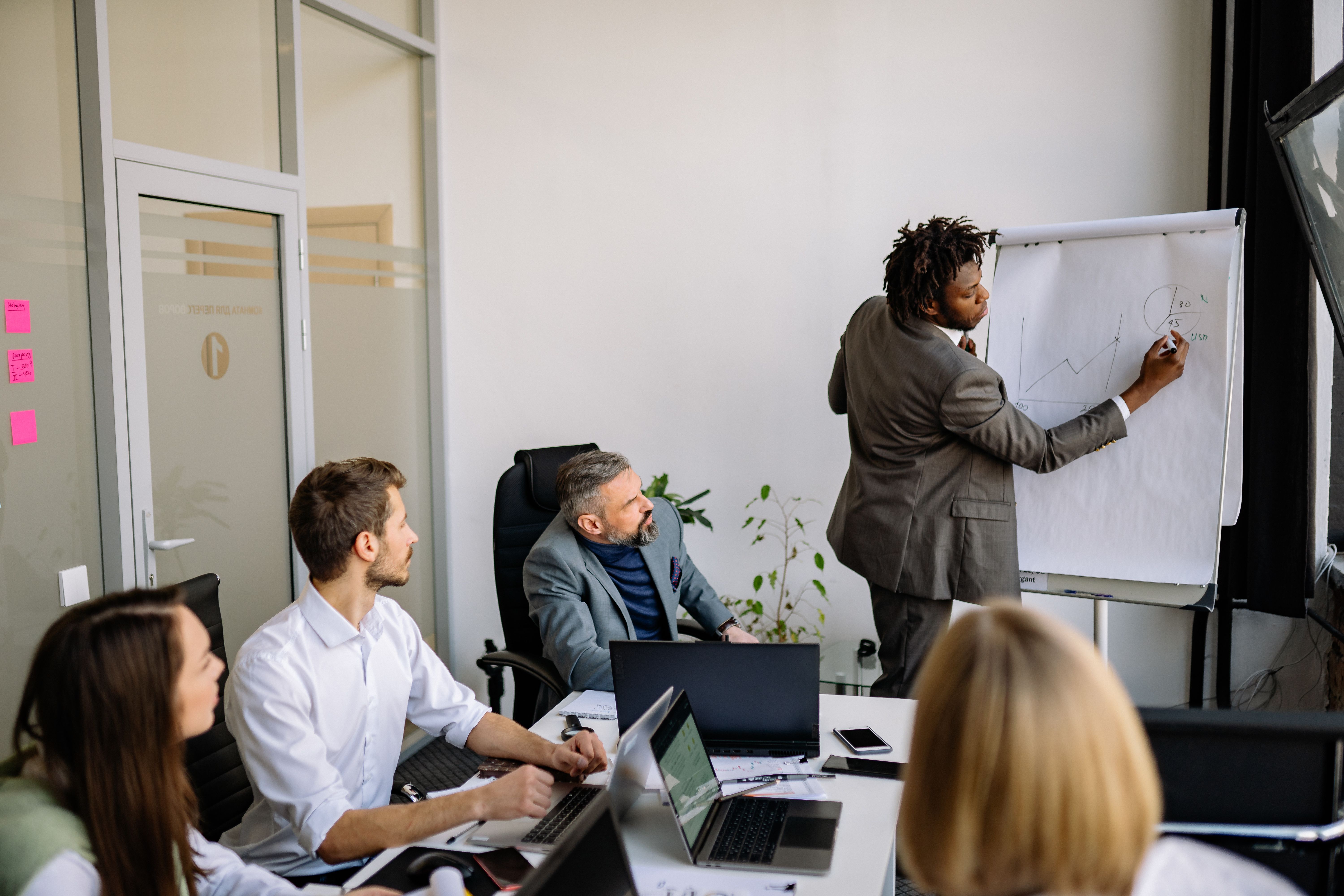Diverse team in a modern office engaged in a strategic business meeting