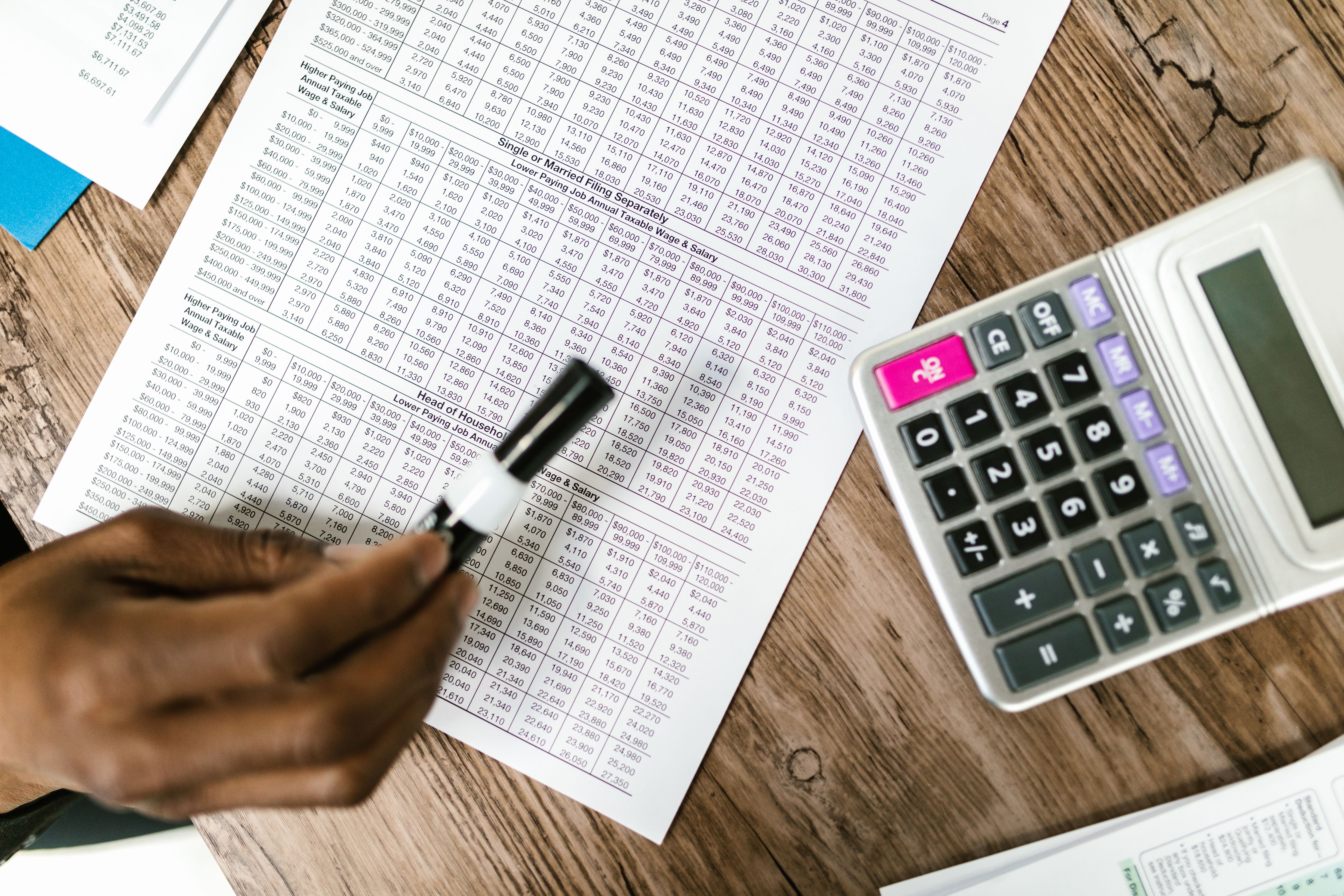 Tax documents and calculator on a wooden table for financial analysis